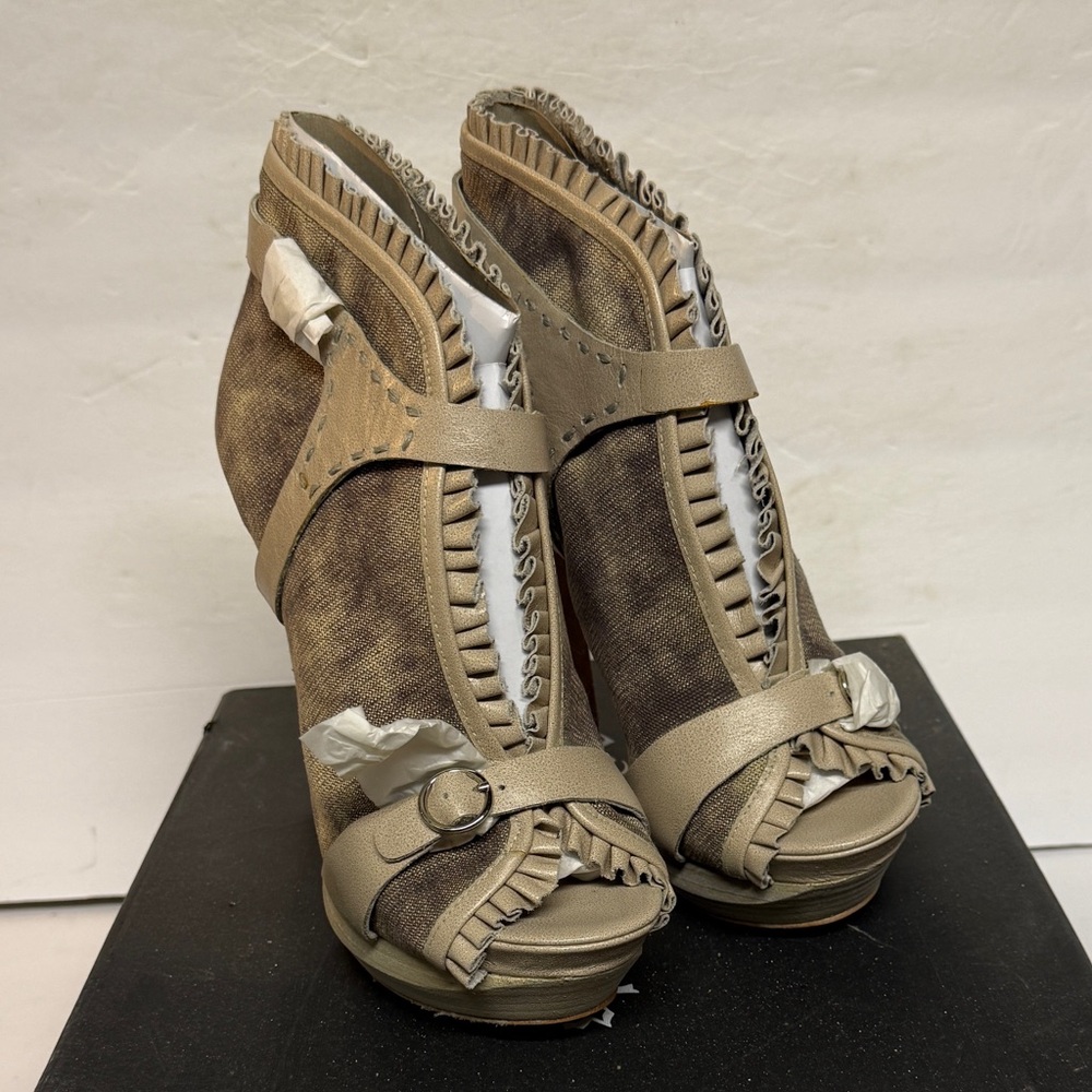 Velvet Angels Stylish Women's Tan Peep-Toe Heels